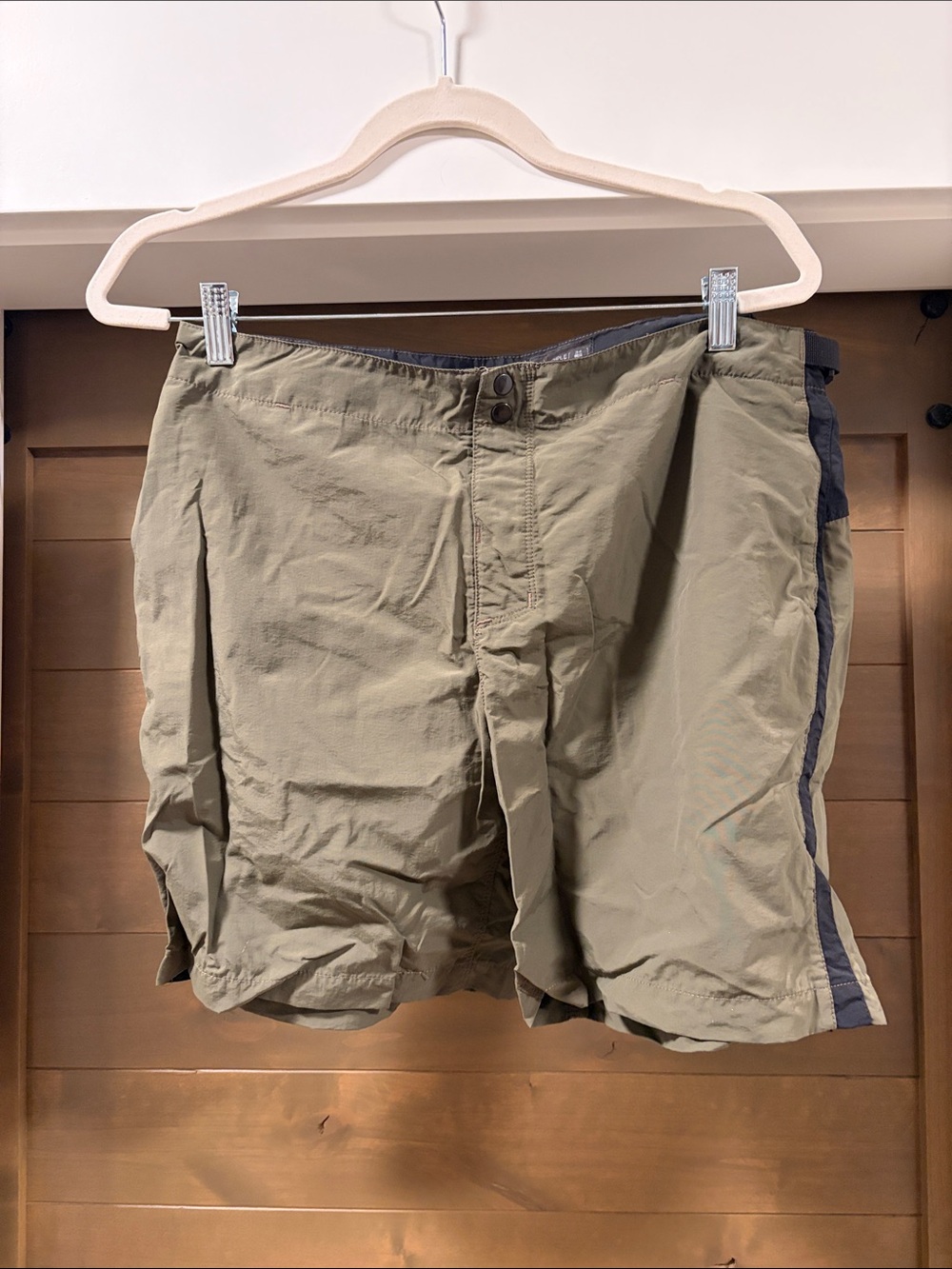 Triple Aught Design Olive Green Athletic Shorts with Navy Side Stripe